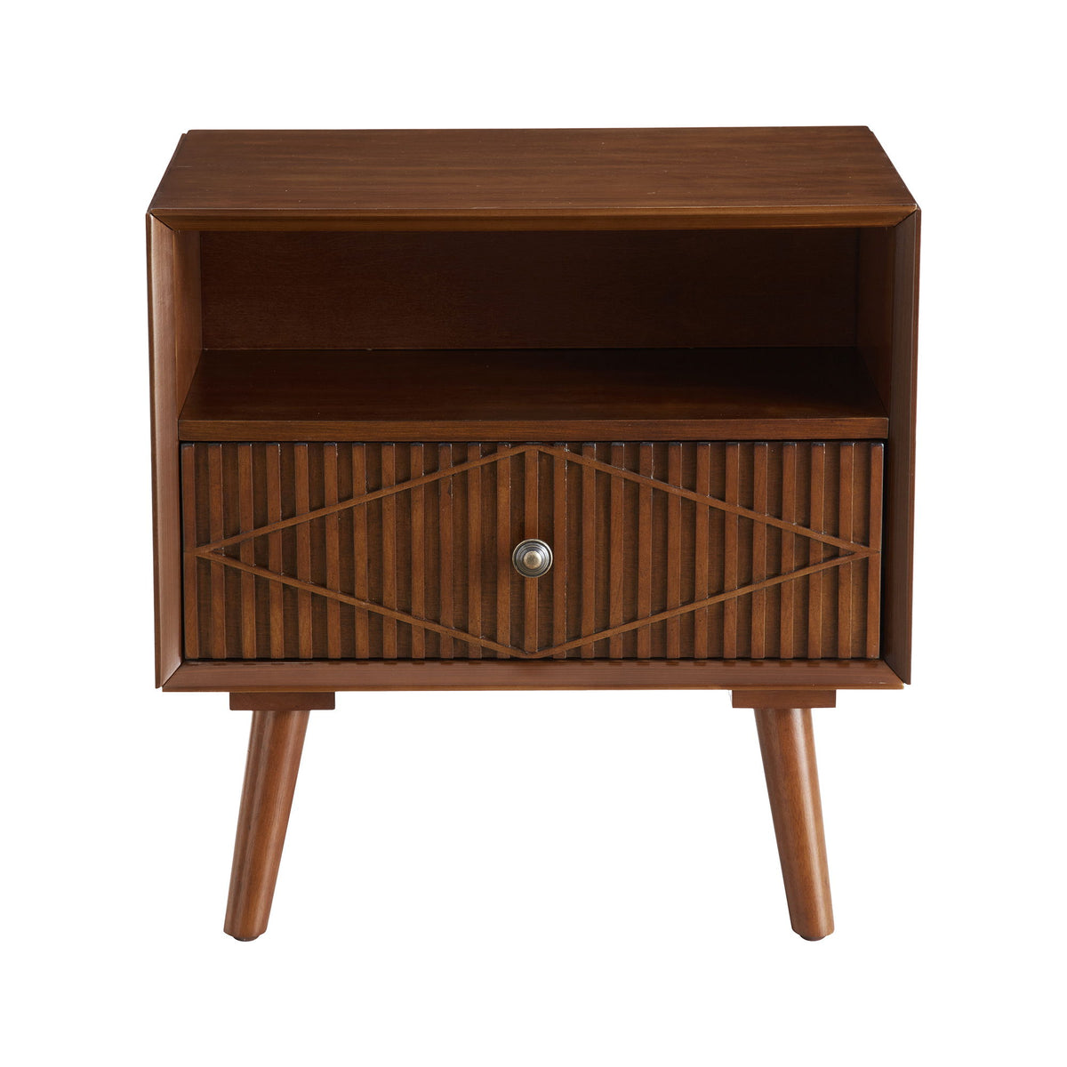 Nightstand With Carved Geometric Drawer Front, 1 Drawer And Open Shelf, Bedside Table For Bedroom - Walnut
