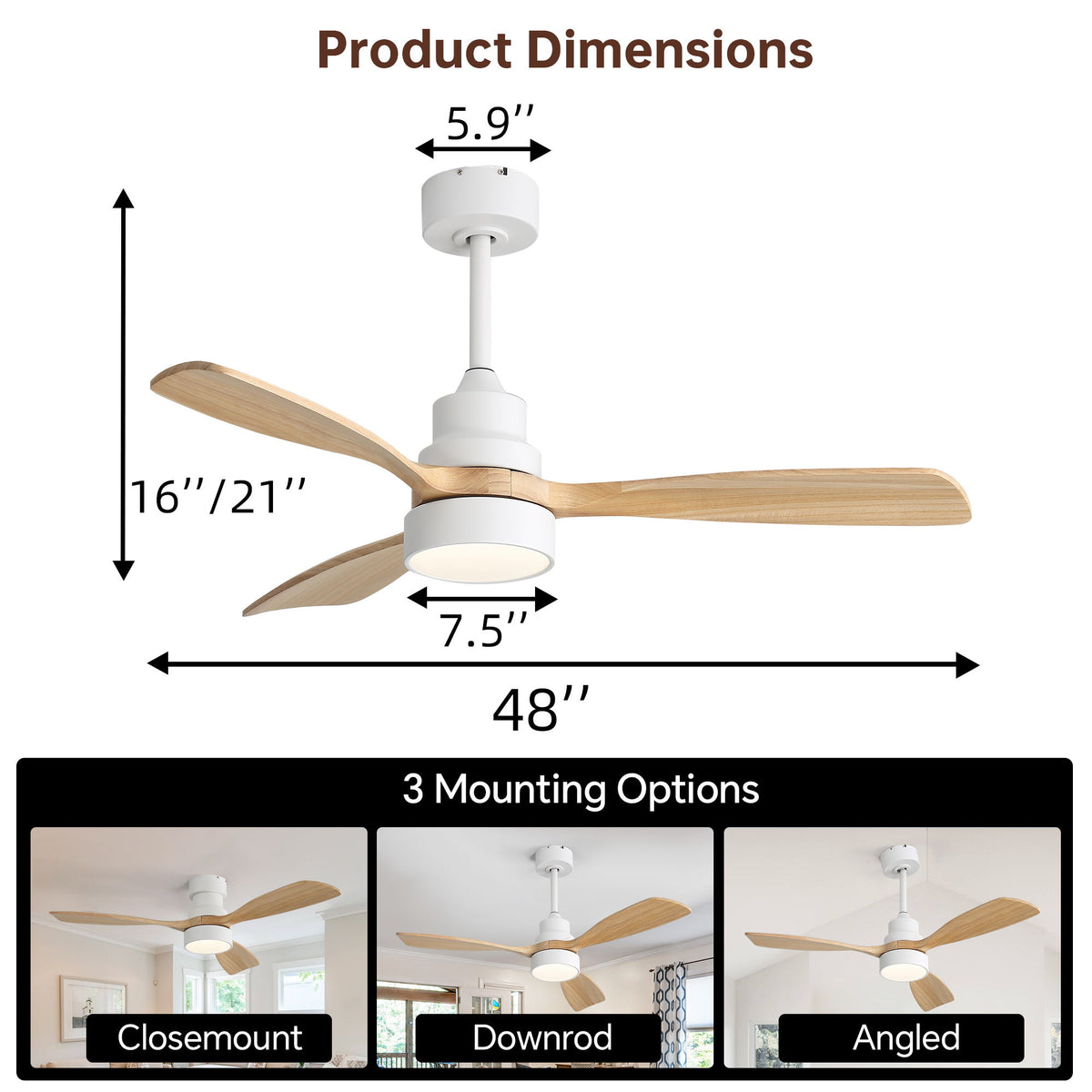 48" Ceiling Fan With Light And App Control, Quiet DC Motor, 6 Speed Fan, Dual Mounting - White