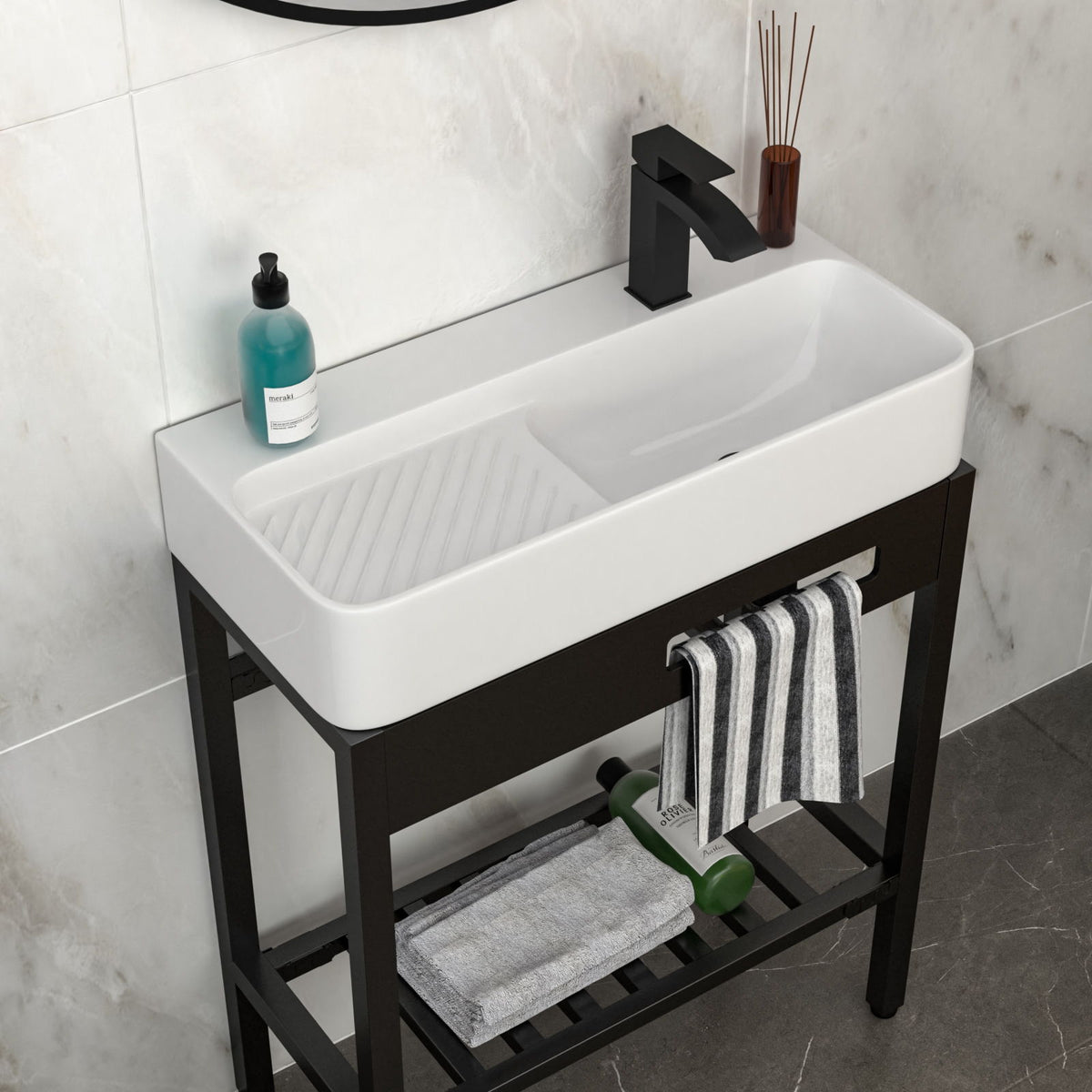 Inspired Console Sink With Built In Washboard, Overflow & Sleek Legs, 28" X 12" - White / Black