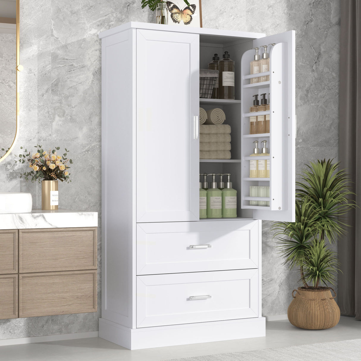 Tall Bathroom Storage Cabinet & 2 Doors And Drawers, Adjustable Shelf - White