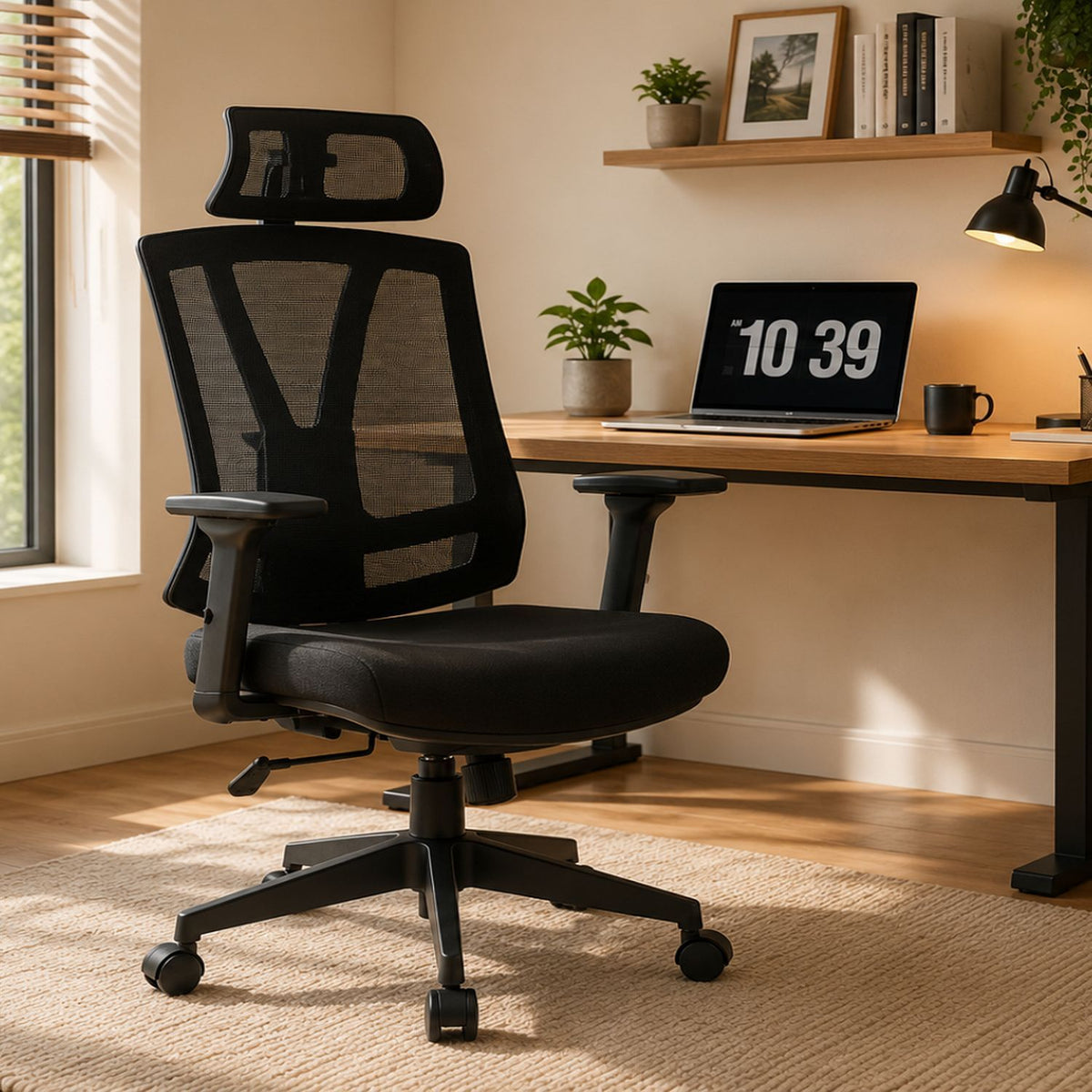 Office Chair With Adjustable Headrest & Back, High Back Swivel - Black