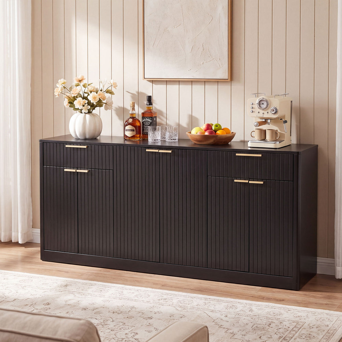 Large Fluted Buffet Sideboard, Wine Bar Storage Cabinet With 6 Doors & 2 Drawers