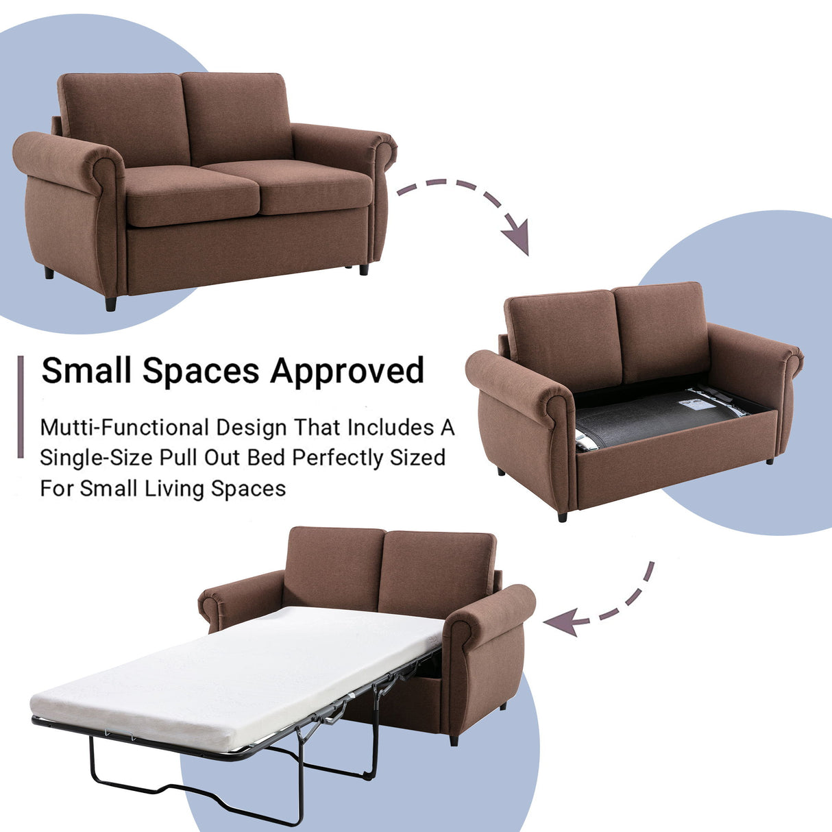 Pull Out Sofa Bed Loveseat Sleeper With Twin Size Memory Mattress With Two USB Ports For Living Room Spaces
