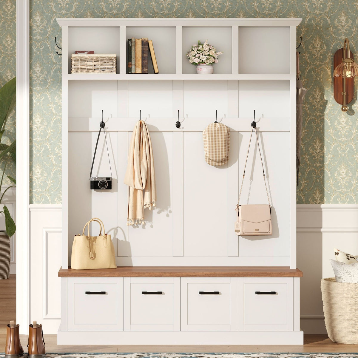 Hall Tree With Storage Bench Mudroom Coat Rack With 6 Hooks