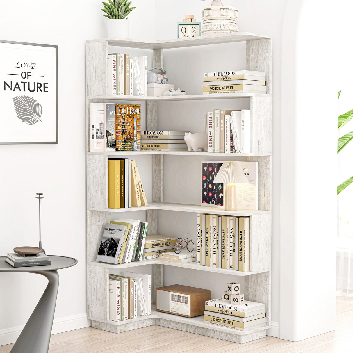 L-Shaped Corner Bookshelf 90Cm Extended Size 5 Tier Freestanding Display Shelf With Anti Tip Safety Features - Light Gray