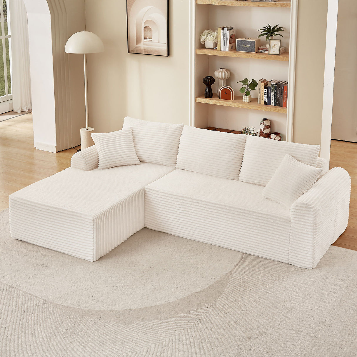 Full Compression Chaise Lounge Set Modular Corduroy Sectional With Arched Armrests Non Slip Base Includes 3 Back Cushions & 2 Throw Pillows - White