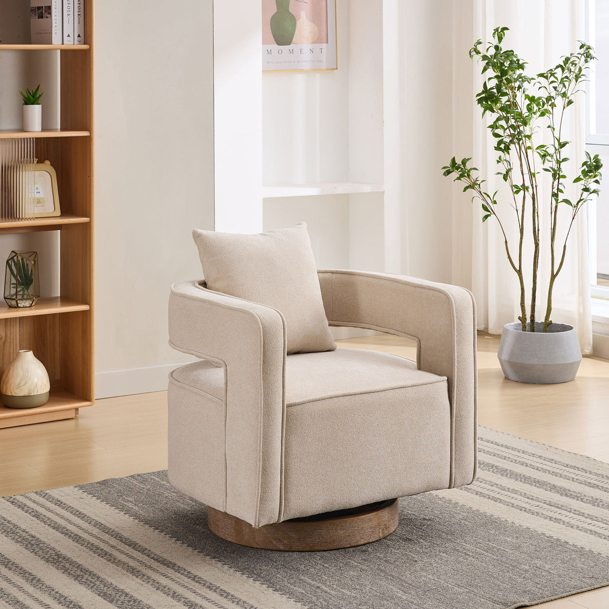Swivel Accent Open Back Barrel Chair With Weathered Base