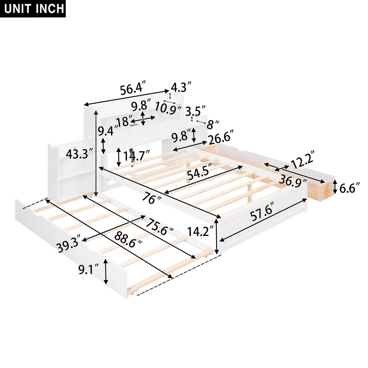 Storage Platform Bed With Pull Out Shelves, Trundle, And 2 Drawers