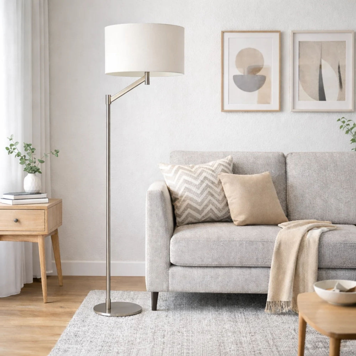 Serene - Floor Lamp With Rotary Switch Base Linen Shade - Brushed Nickel / White