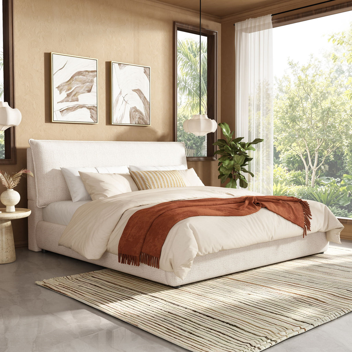 Upholstered Platform Bed Frame With Oversized Plush Pillow Headboard