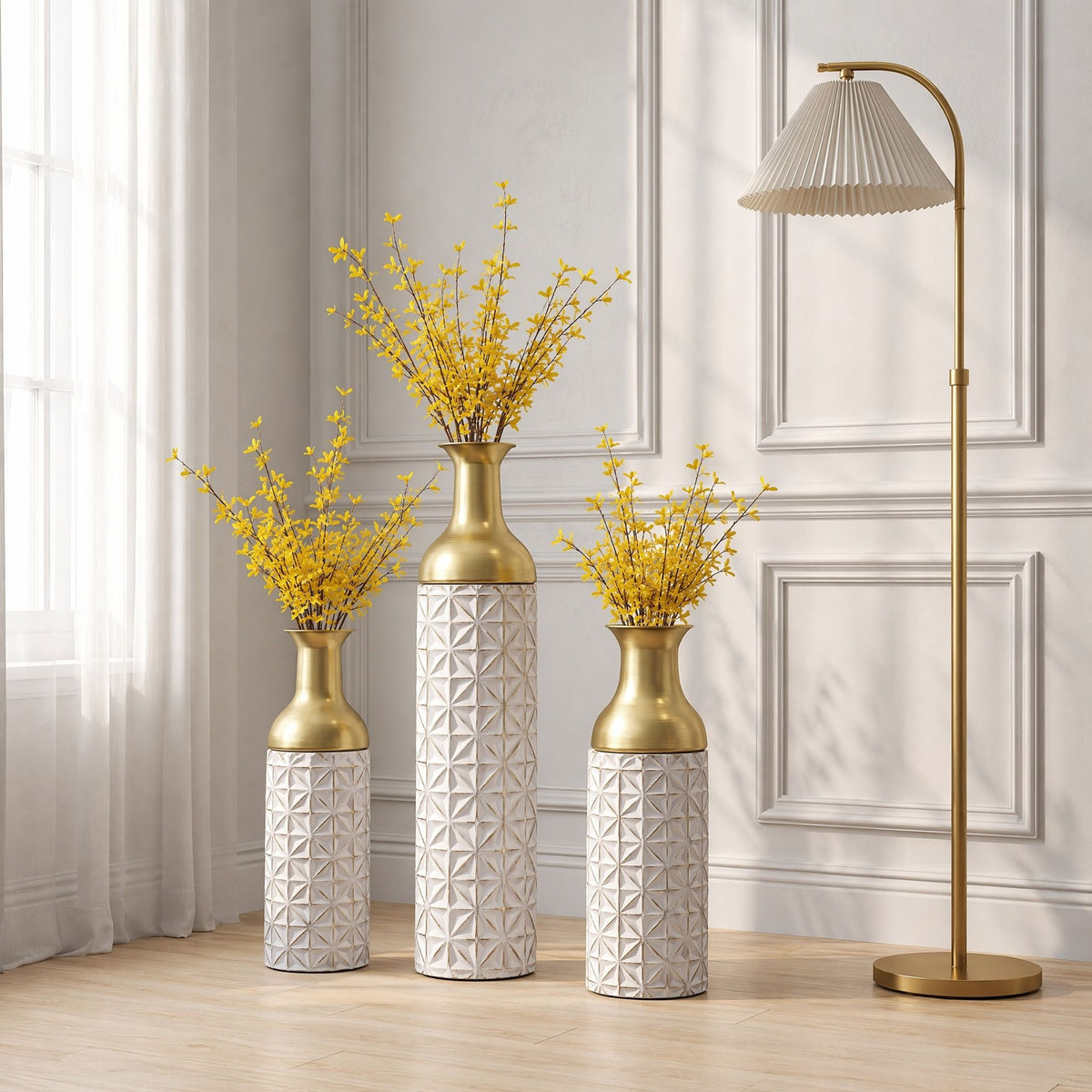 Tall Textured Geometric Decorative Floor Vases Home Decor (Set of 3) - White / Gold