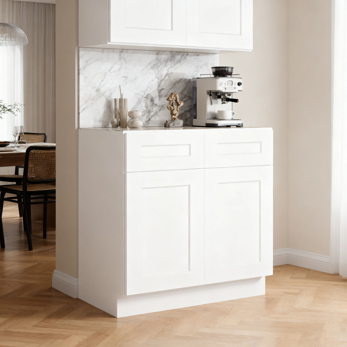 Shaker Base Cabinet With Soft Closing Drawer Double Door And Adjustable Shelf - White