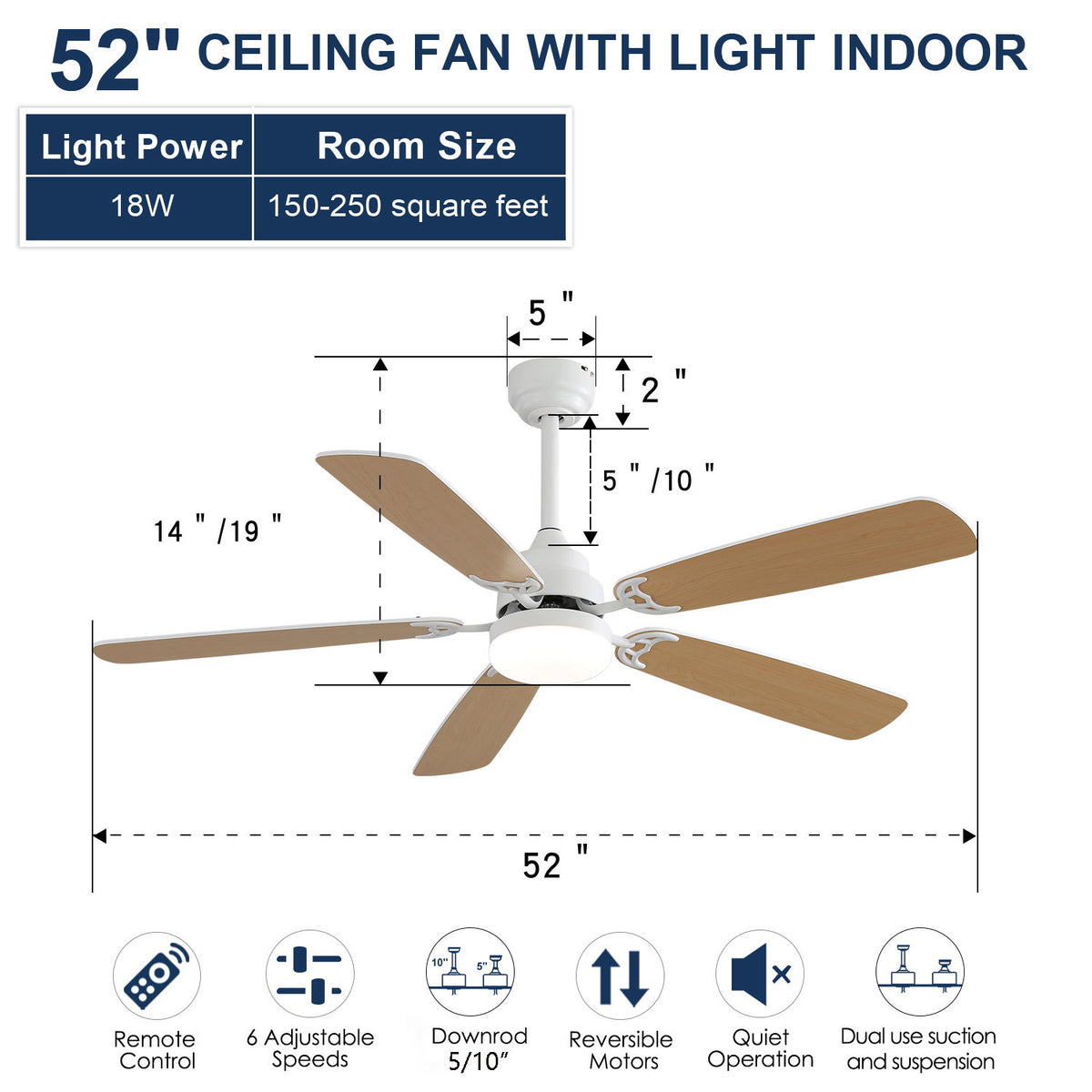 52" DC Motor Ceiling Fan With LED Light, 6 Speed Remote Control, Reversible Blades For Living Room - White