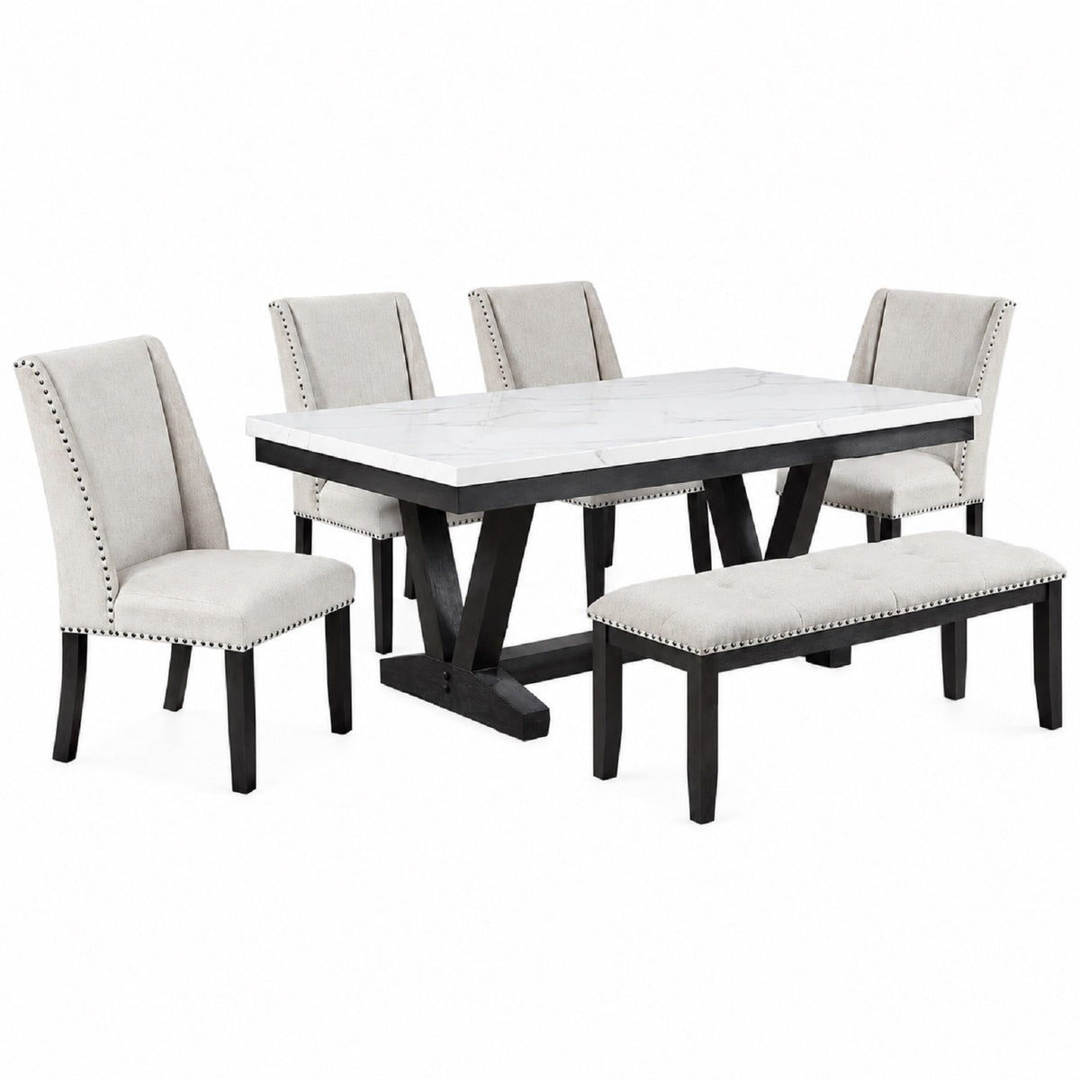 6 Piece Dining Set With Upholstered Chairs & Bench - Antique Black
