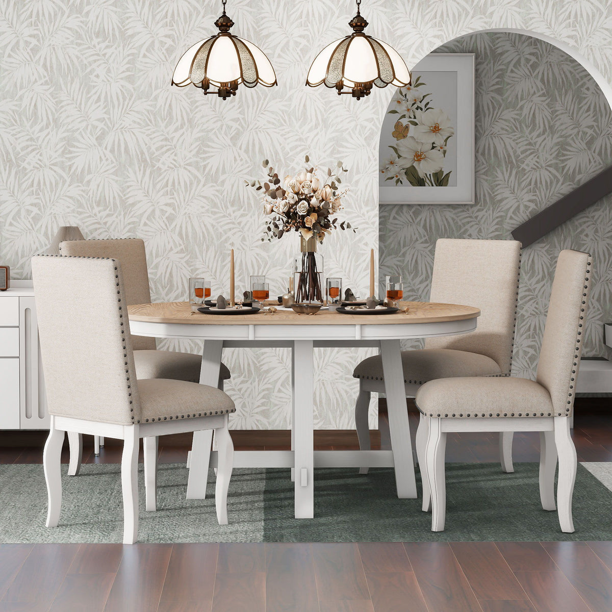 Round Extendable Dining Table Set With 4 Upholstered Chairs