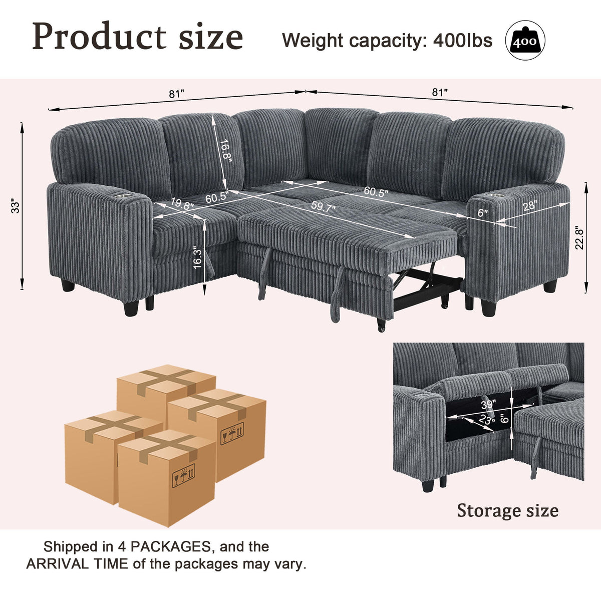 L-Shaped Sectional Sofa Bed With Pull Out Bed & Storage, 5 Seat Sleeper Couch With USB Charging For Living Room - Gray