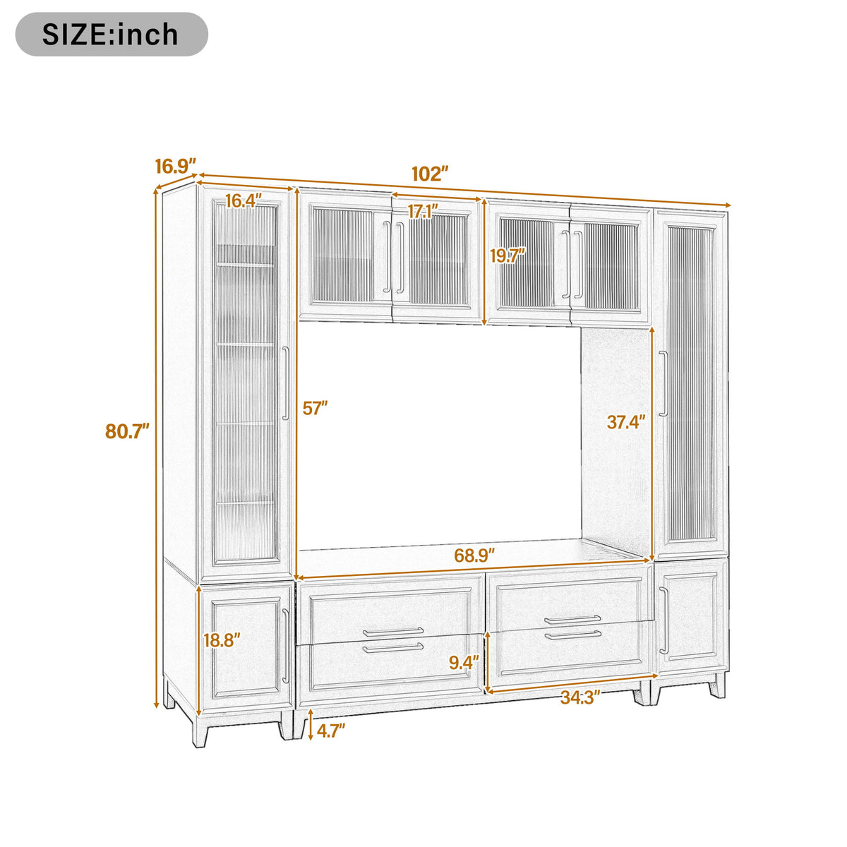 Wall Unit Entertainment Center With Glass Doors For TVs Up To 75" With Drawers For Living Room - White