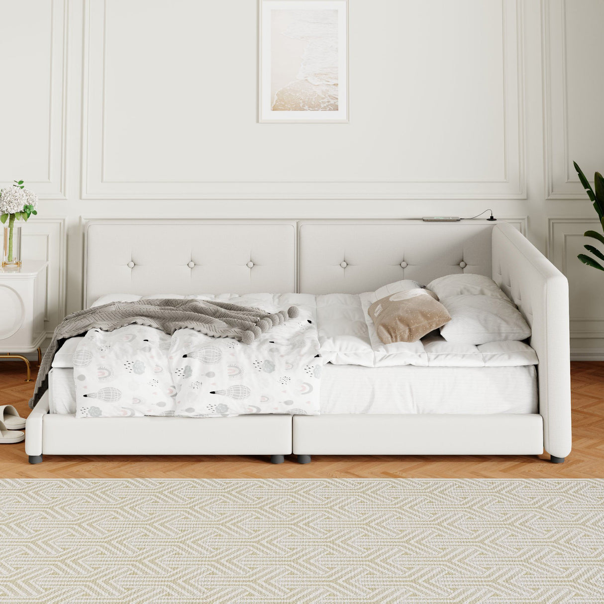 Modern Upholstered Platform Bed With USB Ports And LED Belt