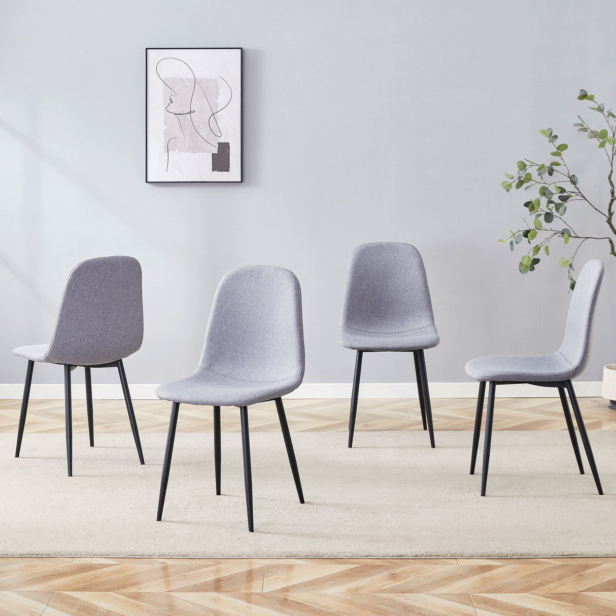 Luxury Simple Chair Linen Cotton High Resilience Dining Chair With Black Metal Legs (Set of 4) - Light Gray
