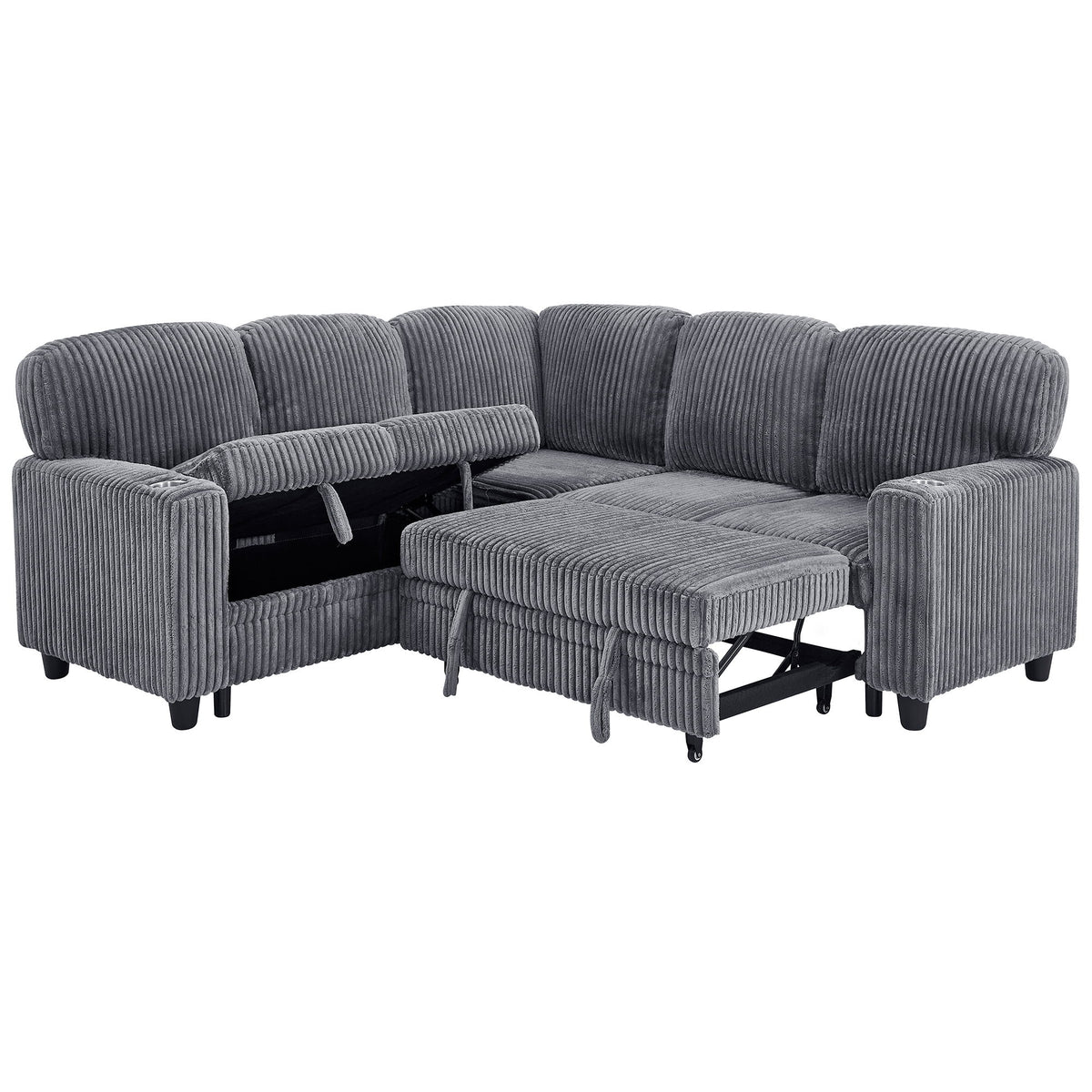 L-Shaped Sectional Sofa Bed With Pull Out Bed & Storage, 5 Seat Sleeper Couch With USB Charging For Living Room - Gray