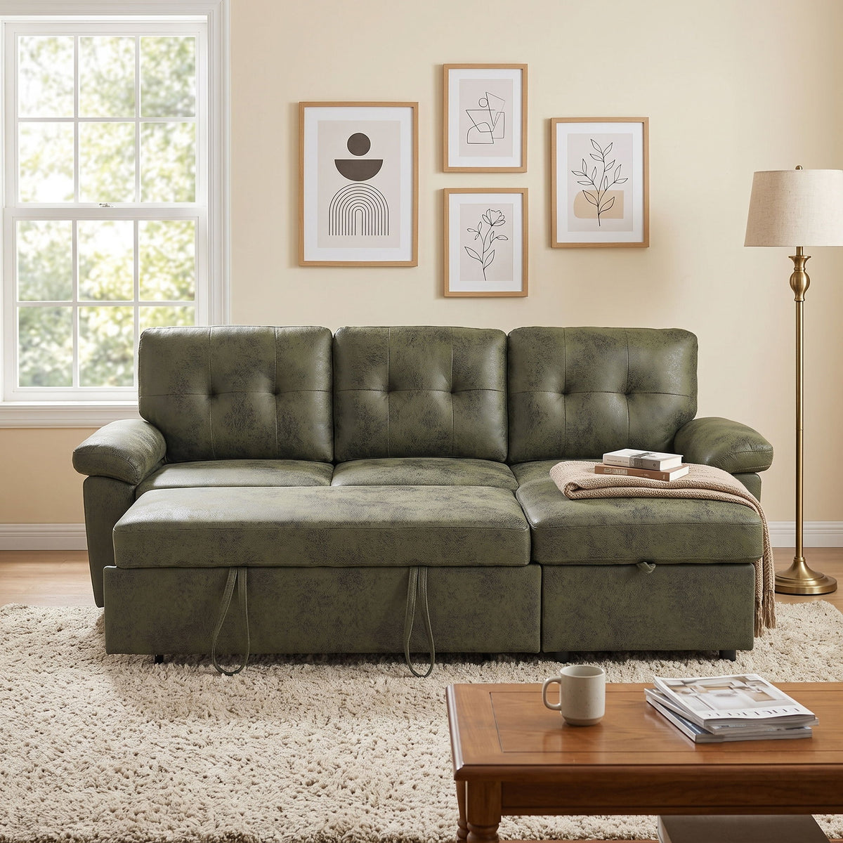 Convertible L - Sectional Sofa Bed With Storage Chaise And Padded Armrests