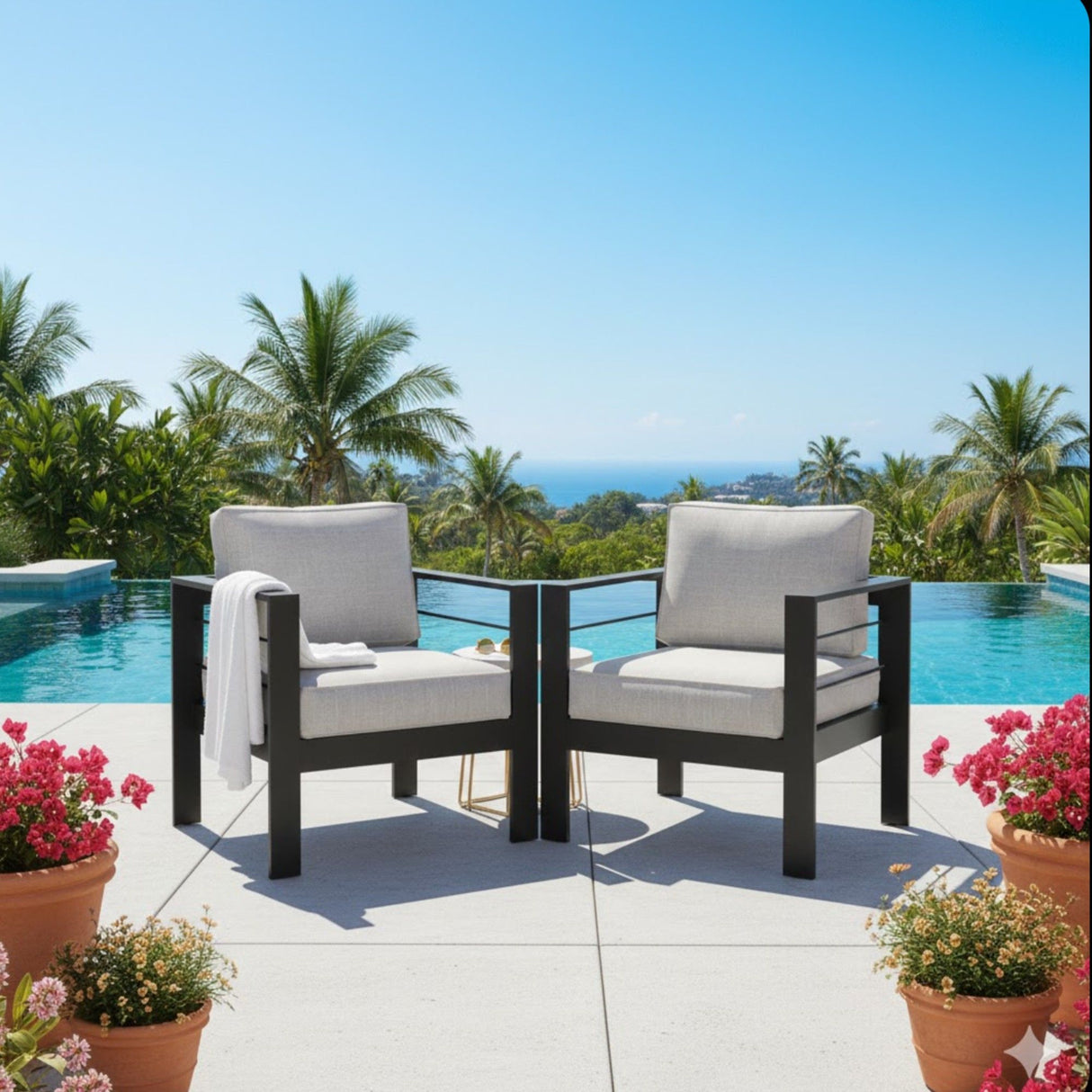 Patio Armchairs All Weather With Thick Cushions (Set of 2) - Black / Gray