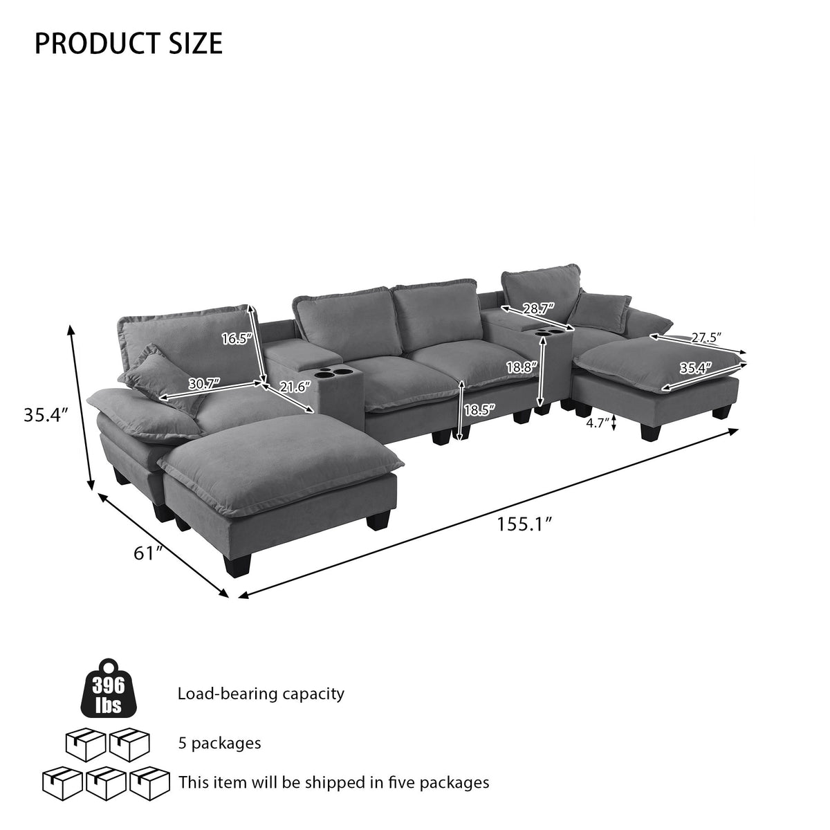 Modular Cloud Couch U-Shape Sofa With 2 Storage Consoles & Cup Holders, USB Port, 2 Ottomans & 2 Pillows - Gray