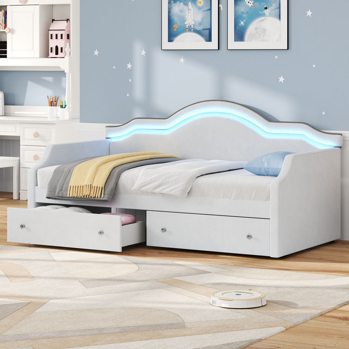 Upholstered Daybed With LED Lights And 2 Drawersme