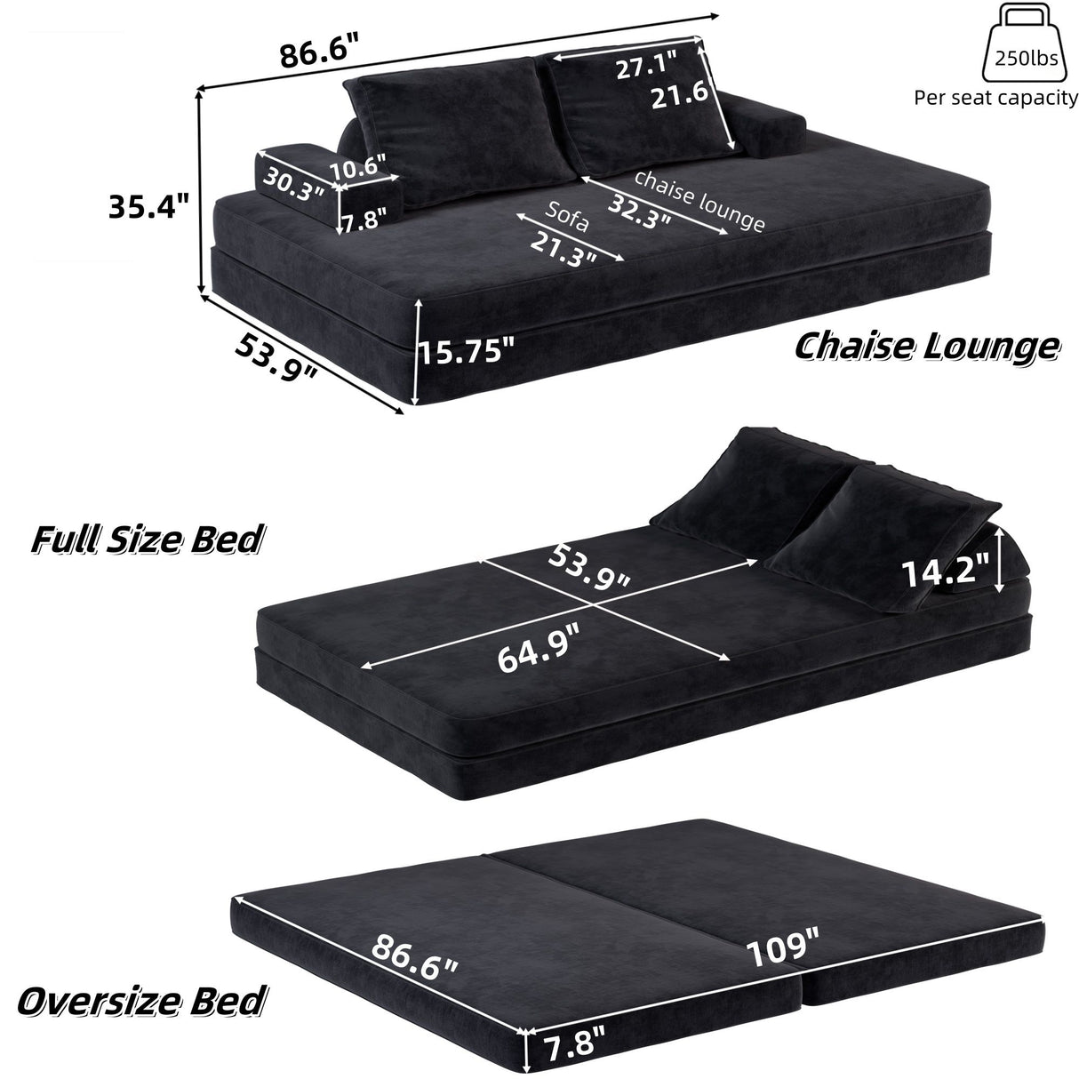 Multifunctional Convertible Sofa Bed With 2 Tumbler Backrests And 2 Pillows, Deep Seat Couch