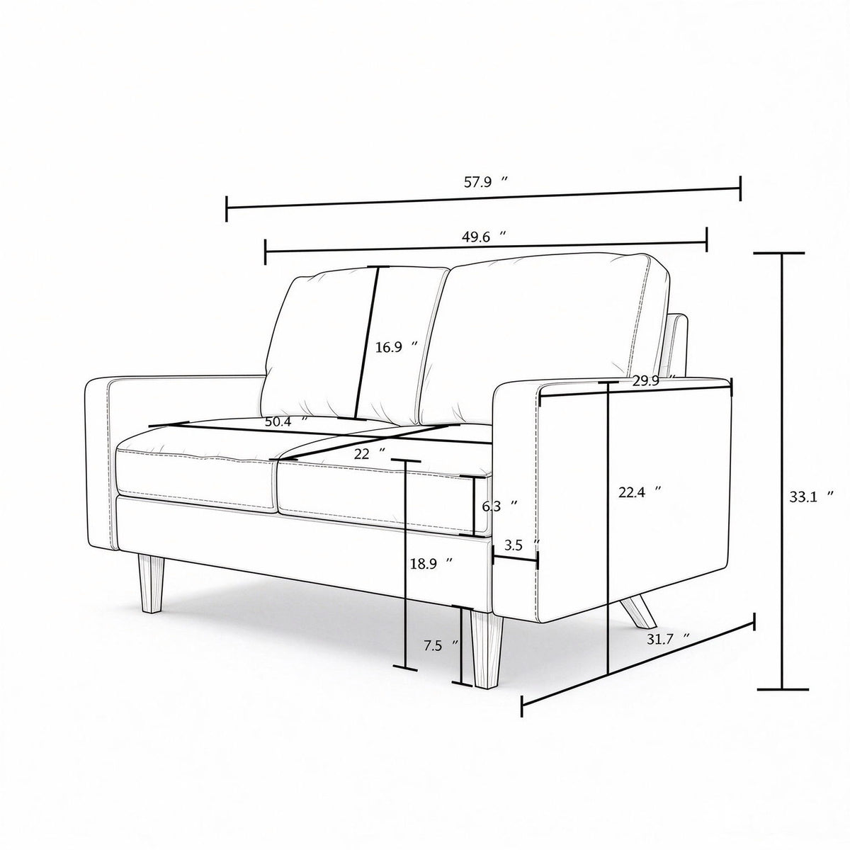 Loveseat Sofa, 2 Seat Couch With Removable Cushion For Living Room