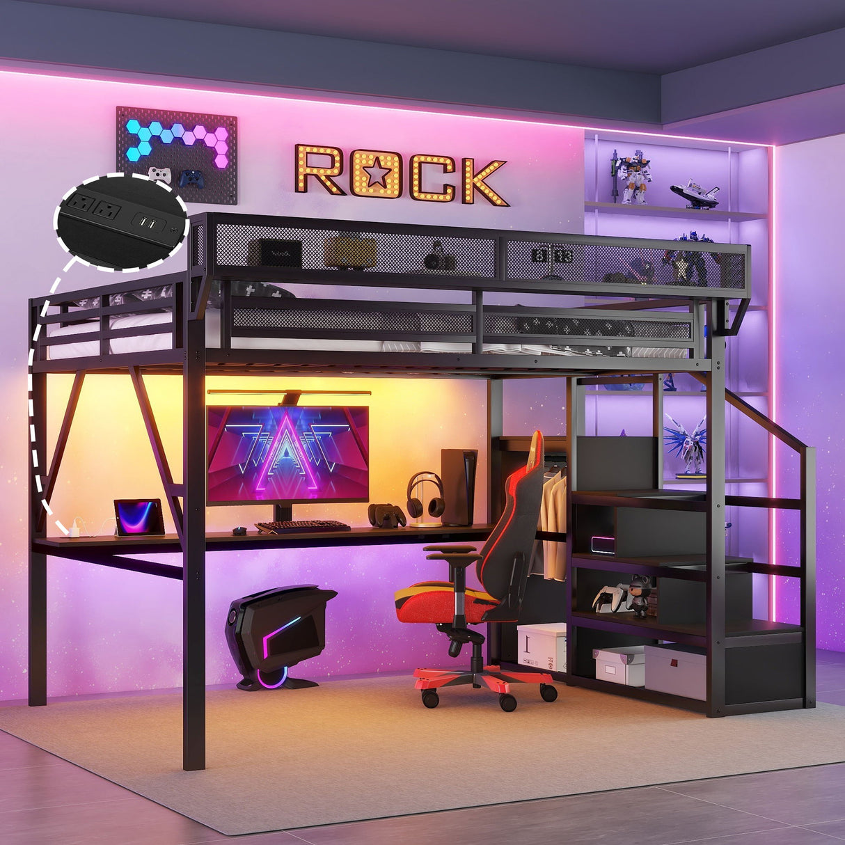 Full Loft Bed With Desk And Charging Station Stairs And Light - Black