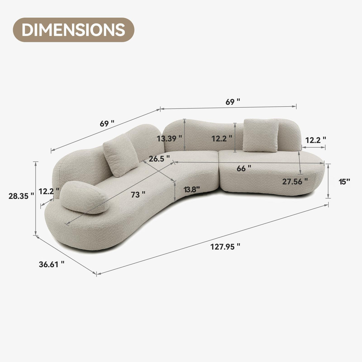 Sofa With Crescent Shape And Butterfly Backrest, Includes 2 Pillows - Beige
