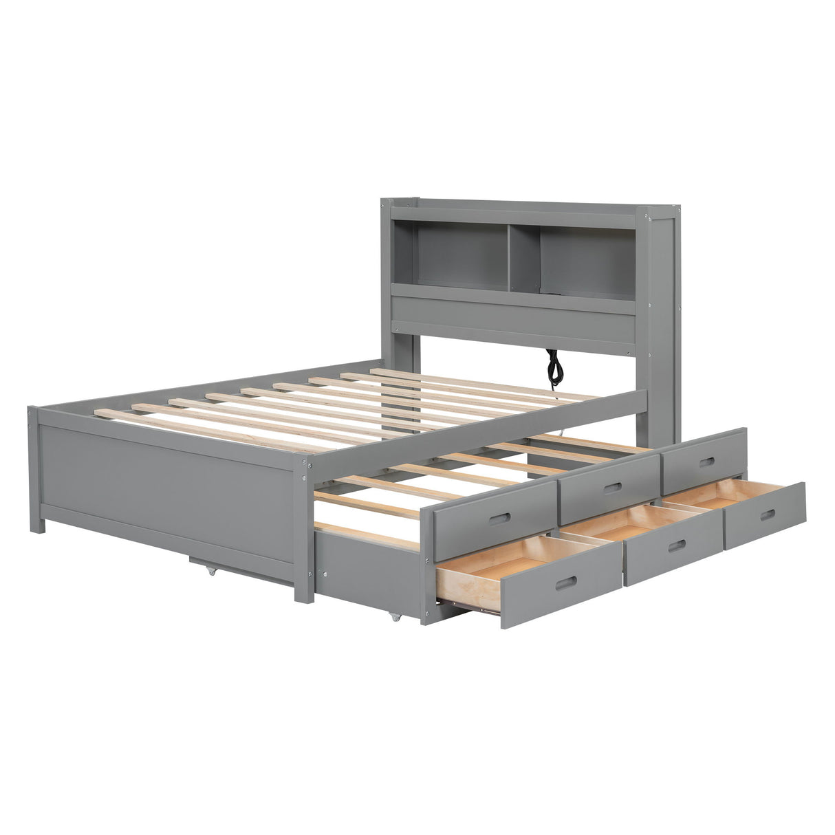 Platform Bed With Trundle, Drawers, USB Ports And Built In Shelves