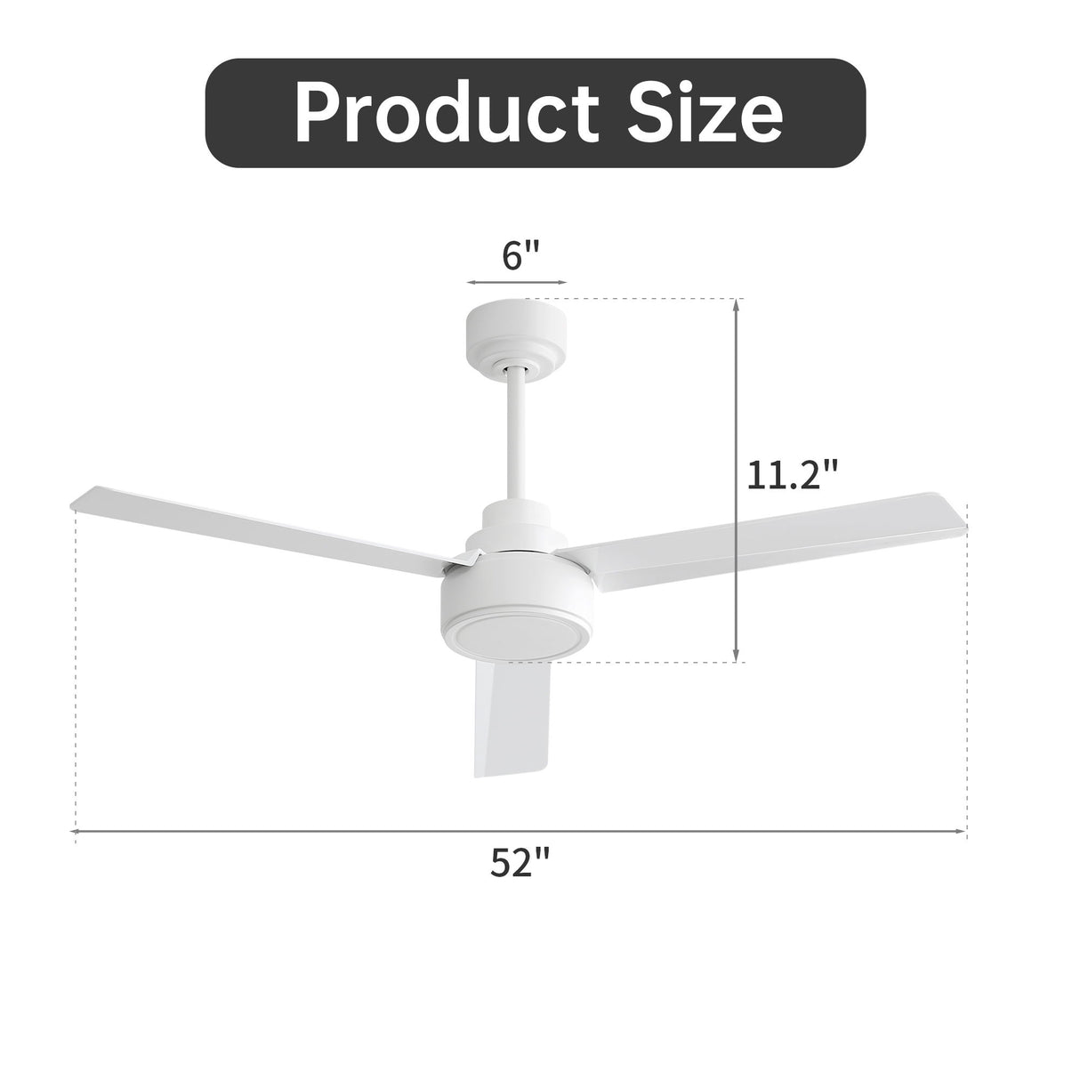 52" Ceiling Fan With Remote Control, 6 Speed Reversible DC Motor, 3 Blades