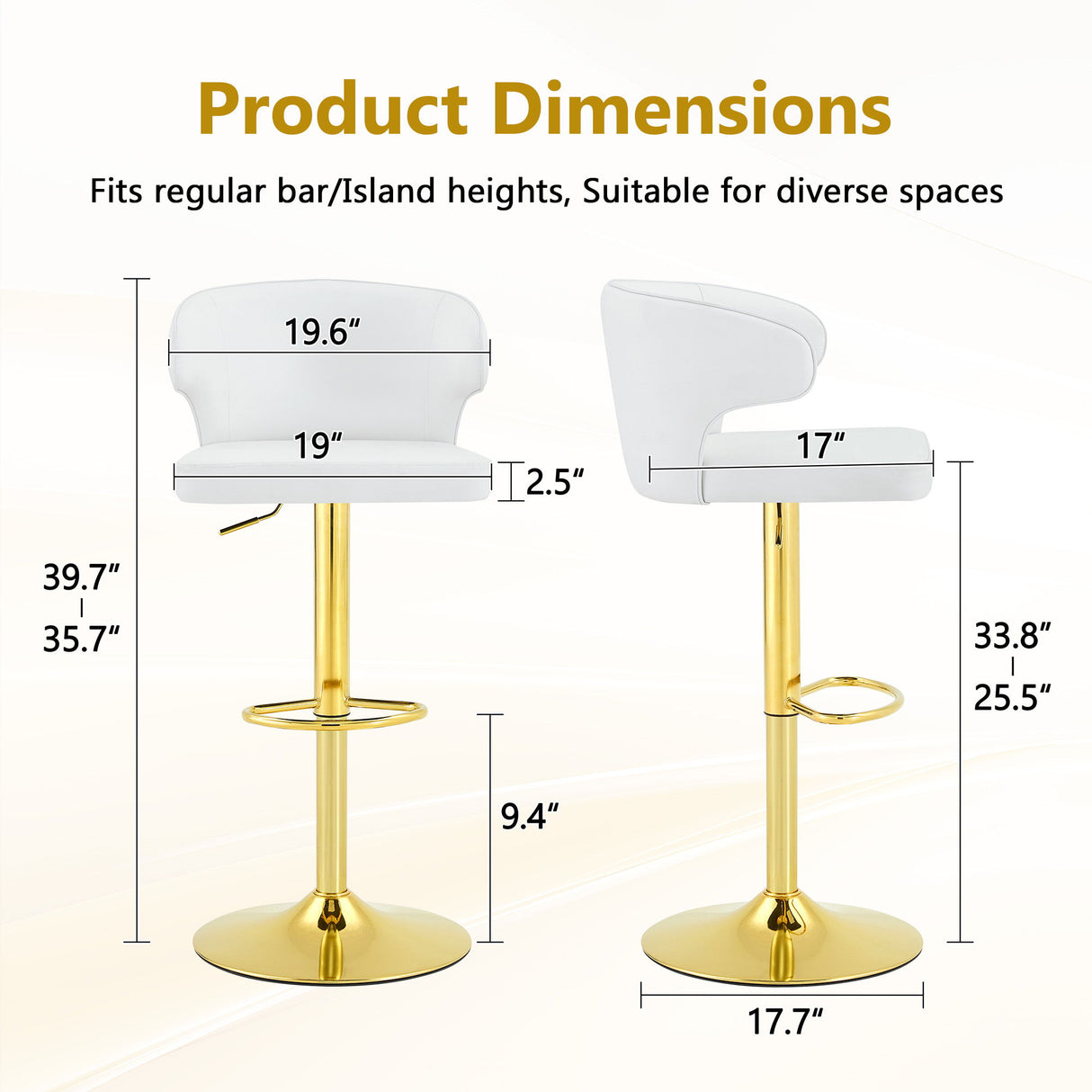 Adjustable Swivel Bar Chair With High Back Support For Kitchen Counter (Set of 2) - Gold / White
