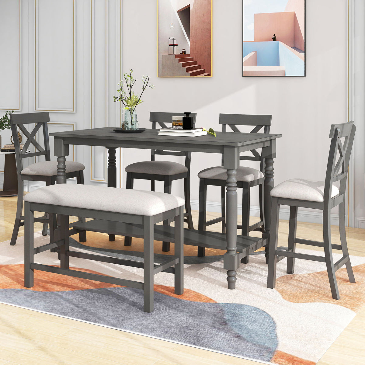 Counter Height Dining Set With Shelf, 4 Chairs And Bench