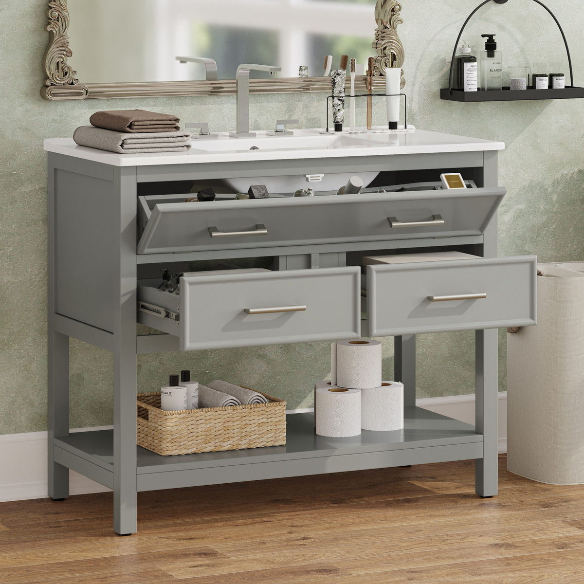 Bathroom Vanity With Sink, Tip Out Tray & 2 Full Extension Drawers - Gray