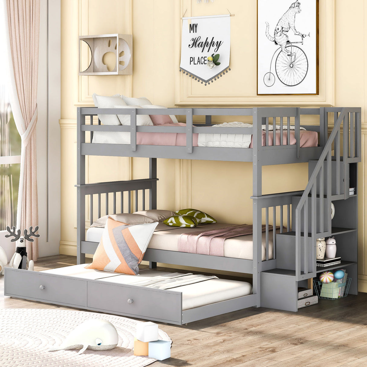 Stairway Bunk Bed & Storage And Guard Rail For Bedroom