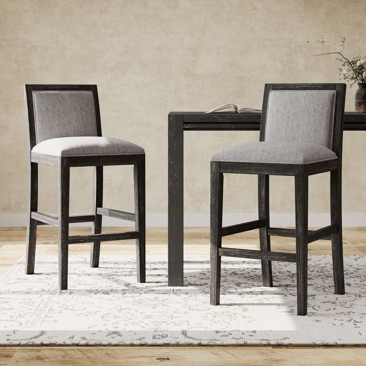 Bar Stools (Set of 2), Rubber Wood Frame, Retro Bar Chairs Suitable For Kitchen Island - Black / Gray