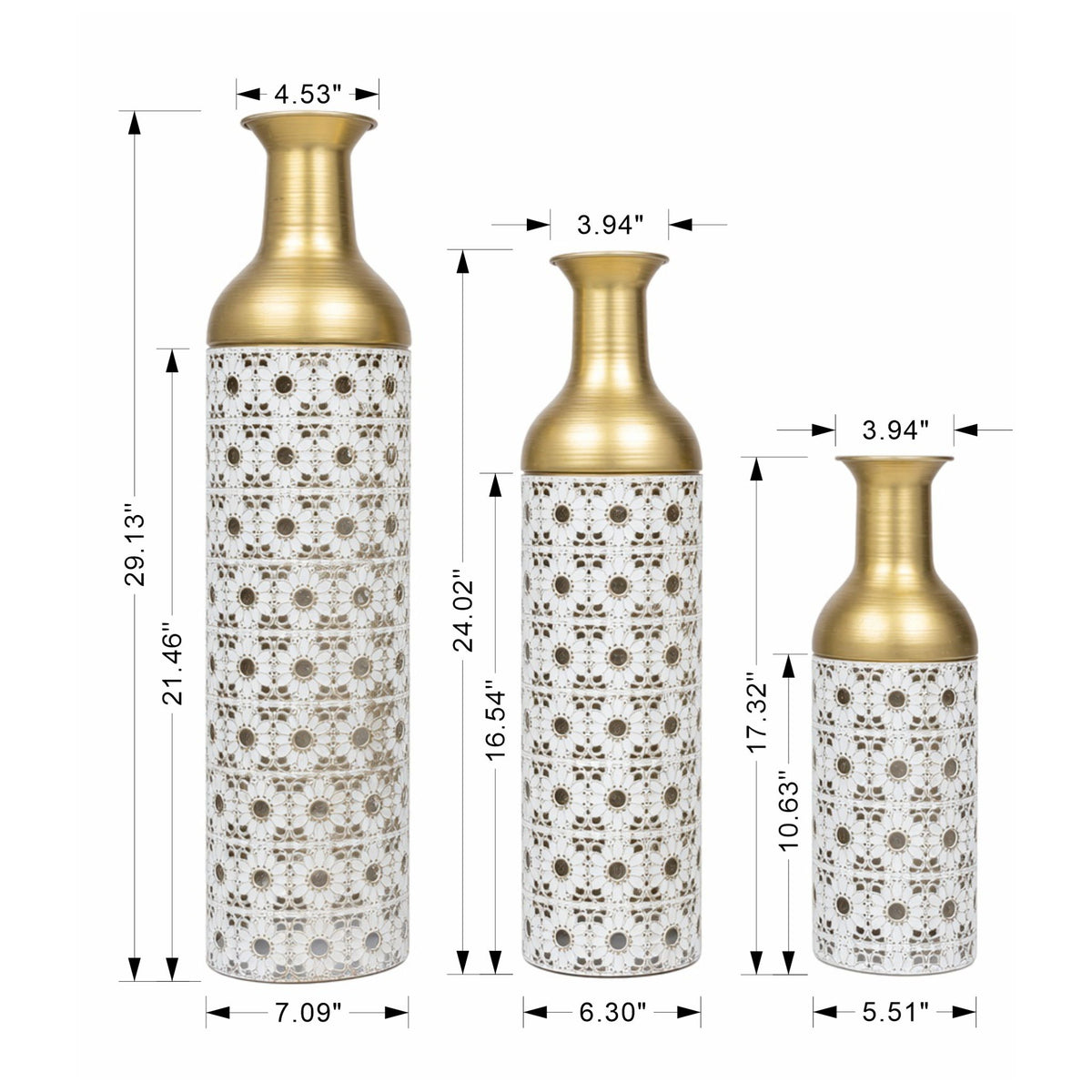 Handcrafted Cutout Hollow Tall Standing Floor Vase, Home Decor (Set of 3) - White / Gold