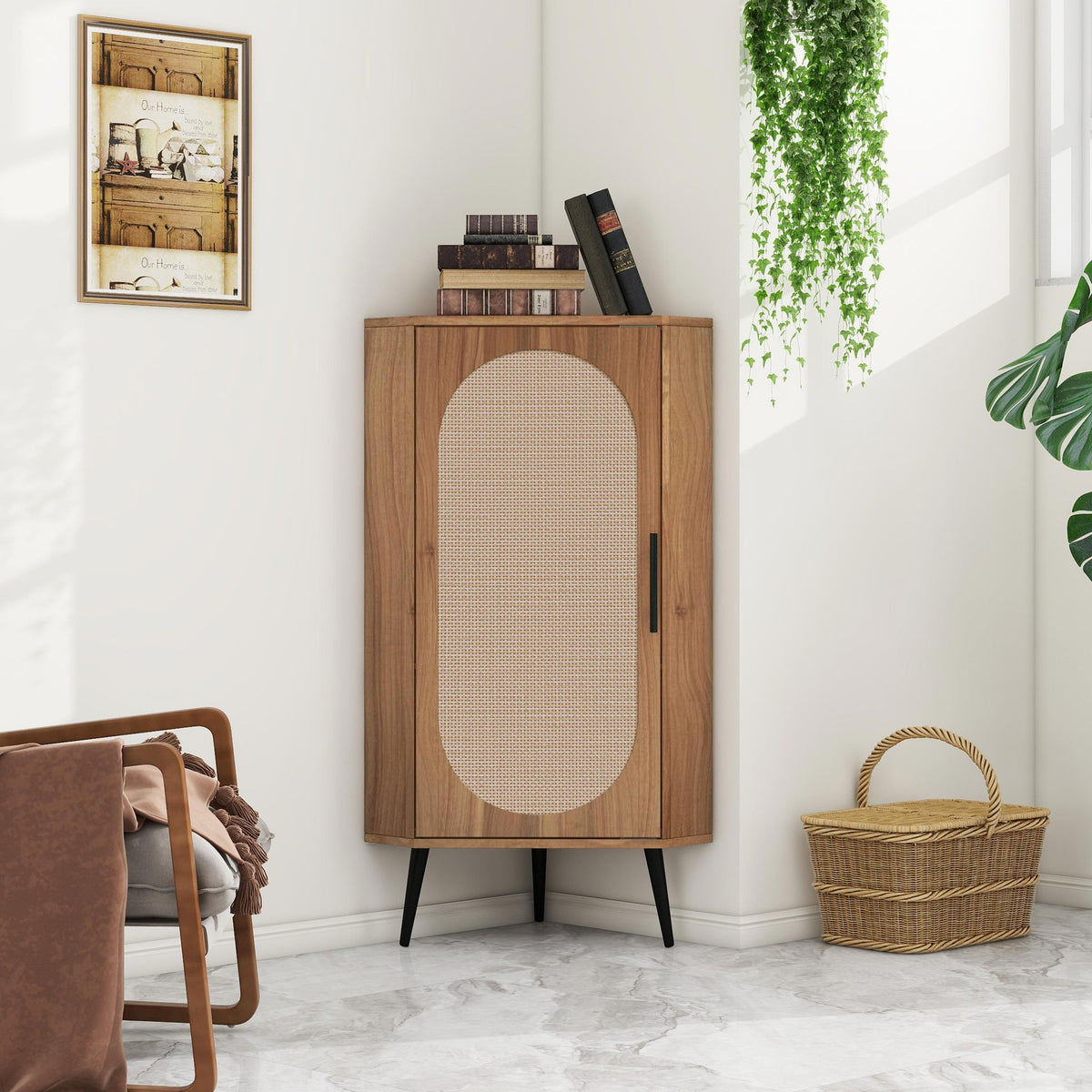 Corner Cabinet, Rattan Door, Freestanding Corner Tables For Small Spaces, Corner Shelf Stand For Living Room, Kitchen, Bathroom, Bedroom - Walnut