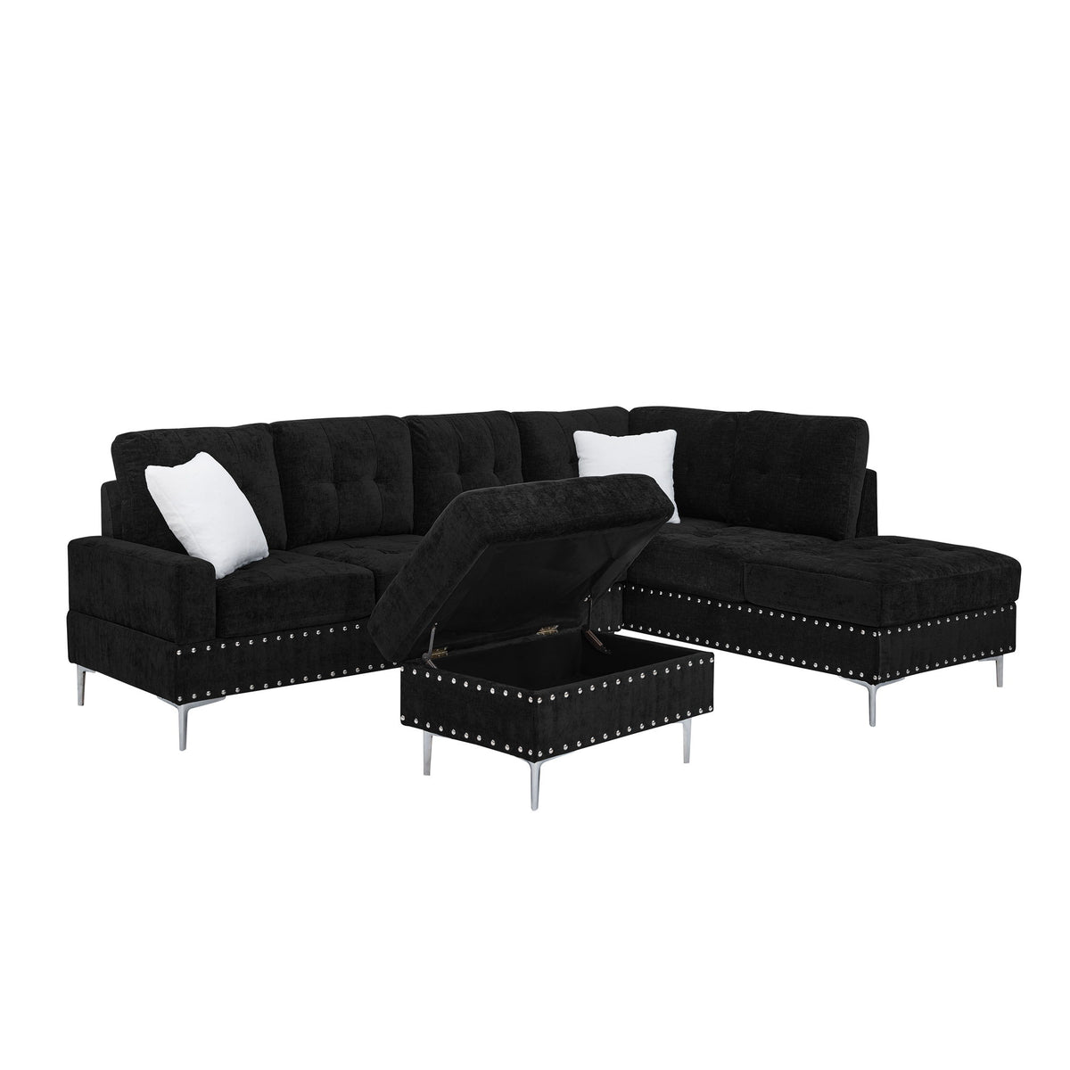 L-Shaped Sectional Sofa With Chaise And Storage Ottoman, Includes 2 Pillows - Black