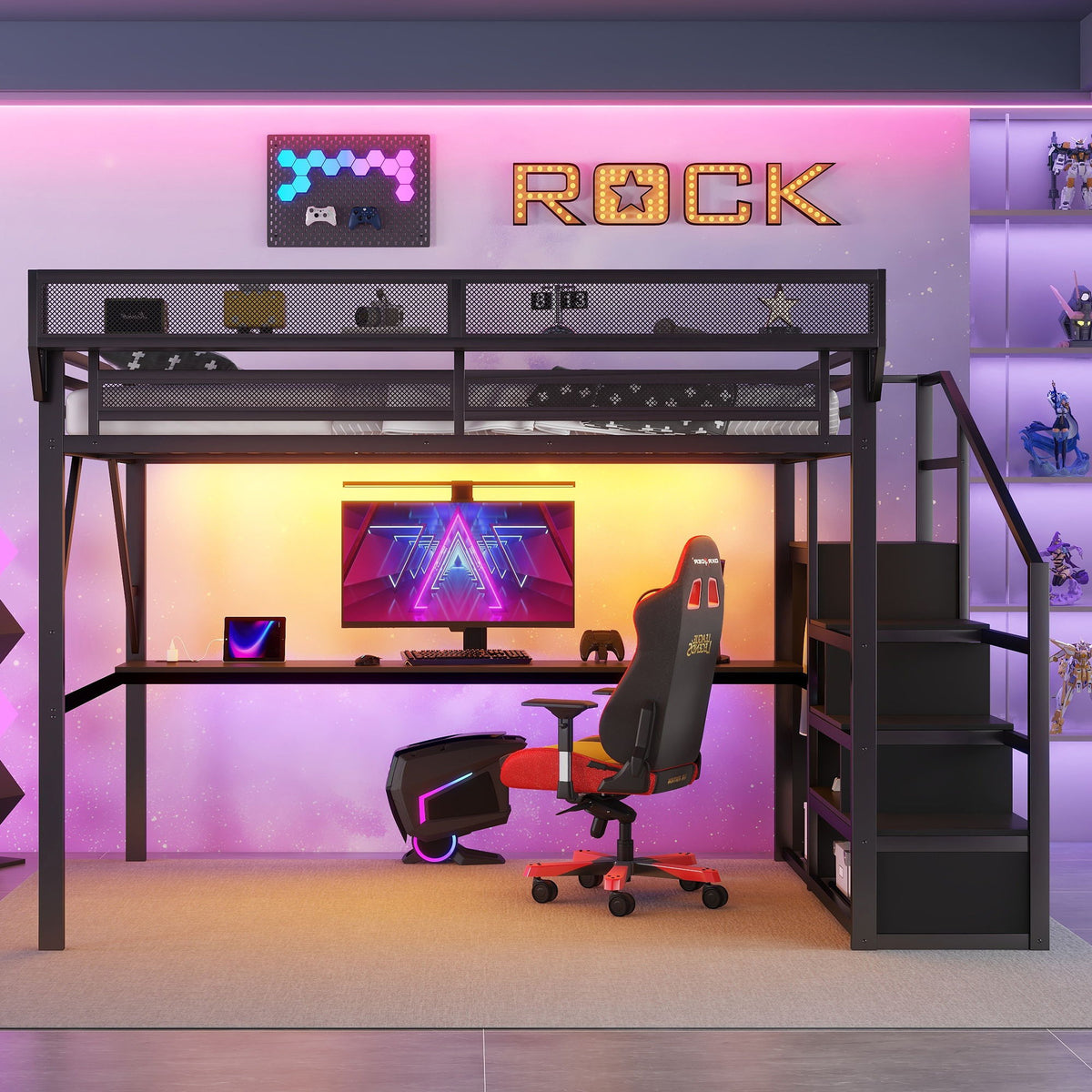 Queen Loft Bed With Desk And Charging Station Stairs And Light - Black