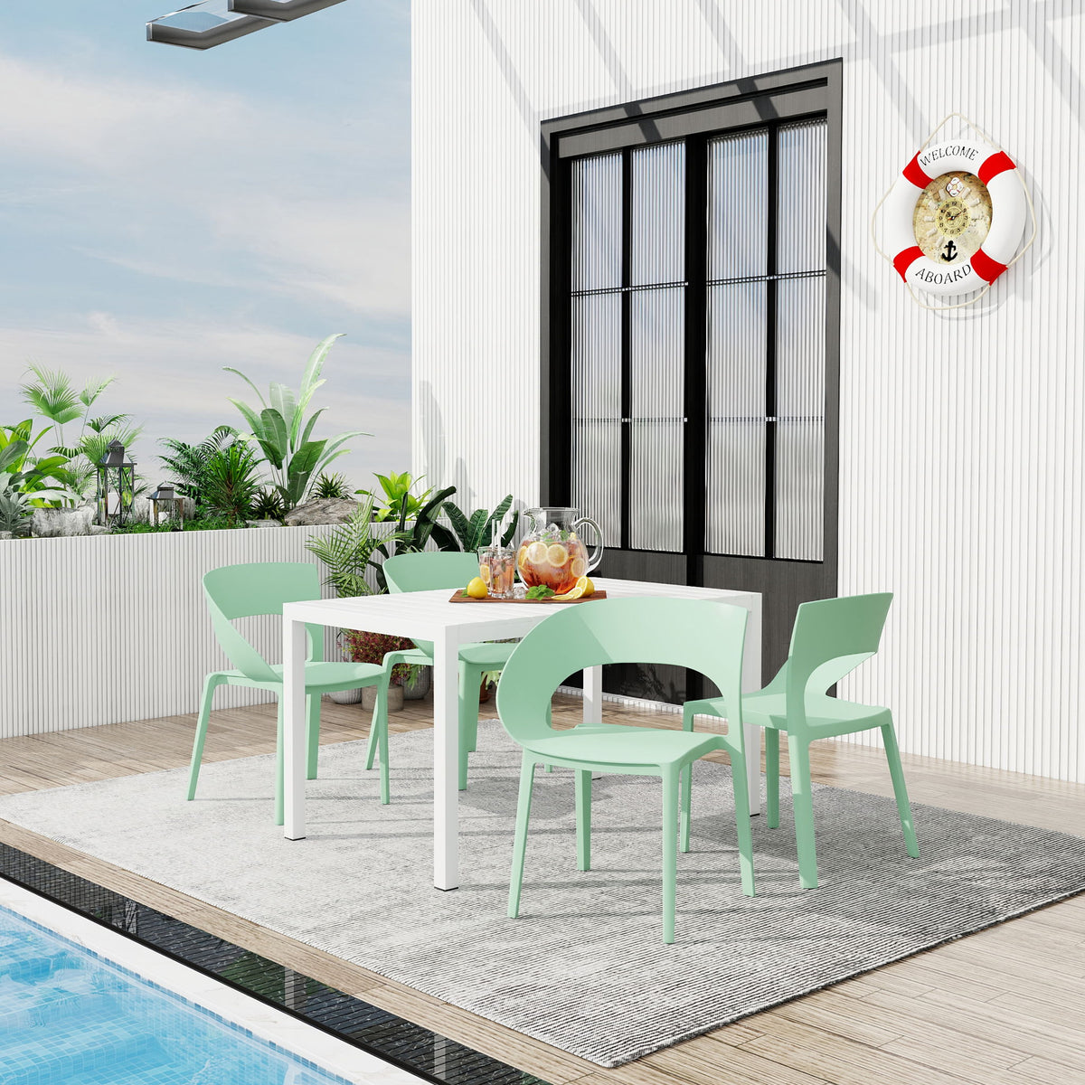 4 Piece Set Of Color Block Designed Single Chairs With Long Table - Haze Green / White