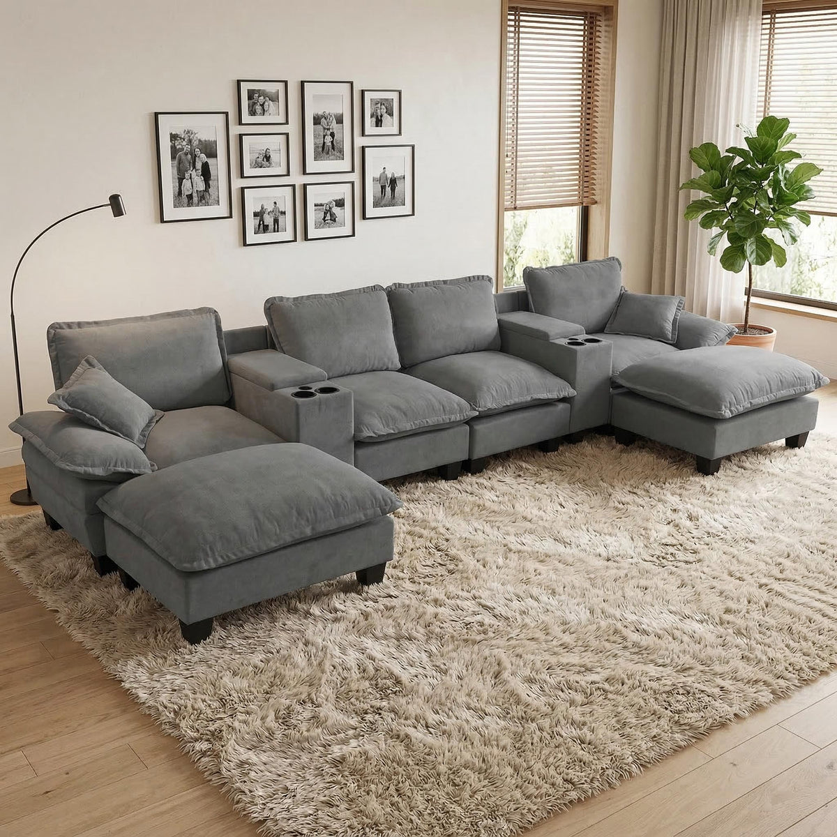 Modular Cloud Couch U-Shape Sofa With 2 Storage Consoles & Cup Holders, USB Port, 2 Ottomans & 2 Pillows - Gray