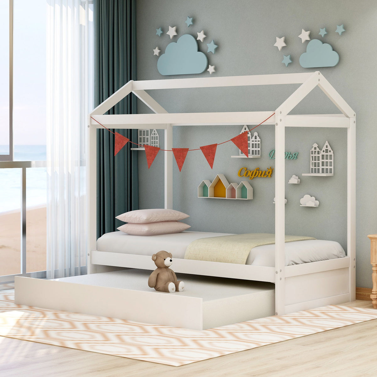 House Bed With Trundle In, Twin Size - White