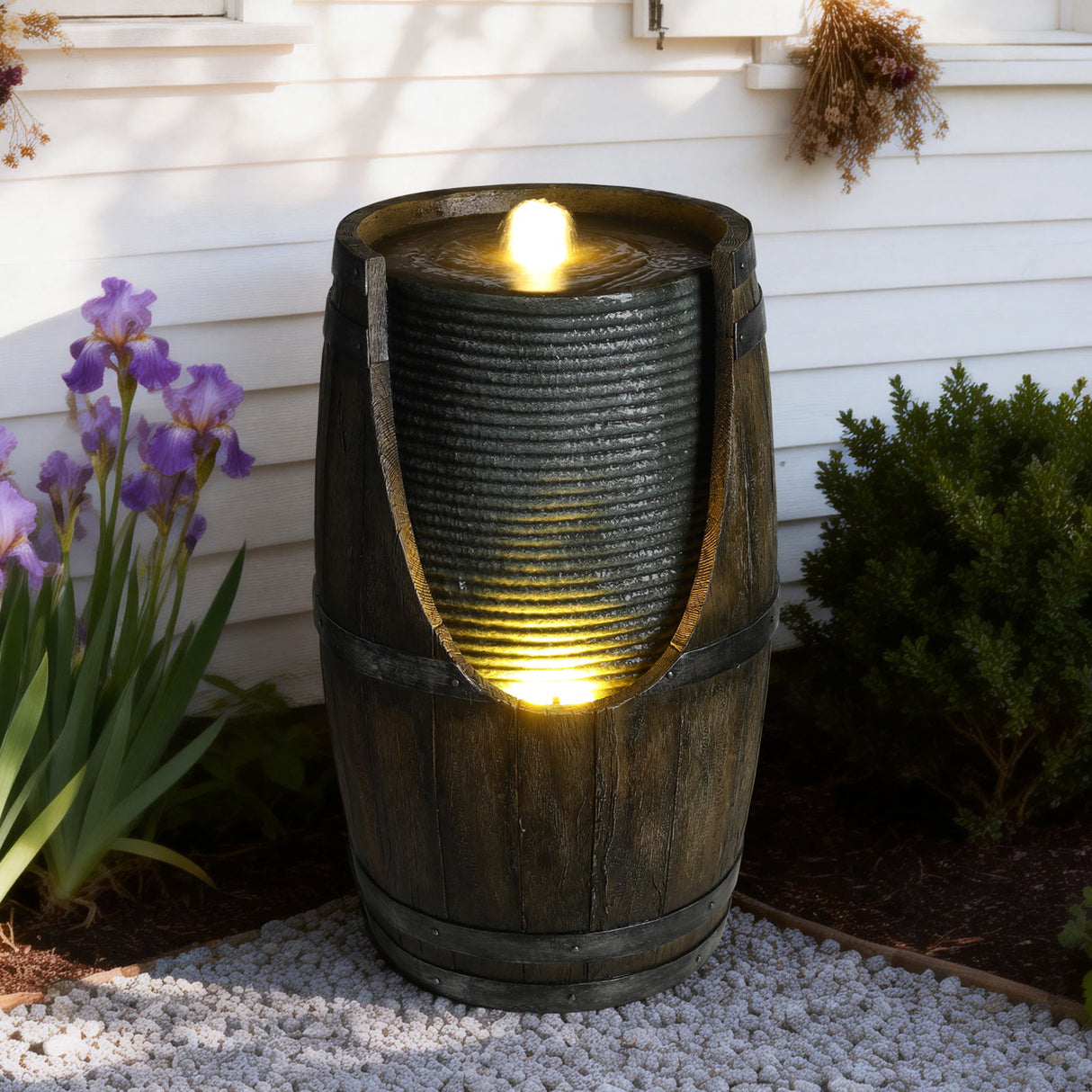 Rustic Barrel Water Fountain With LED Light