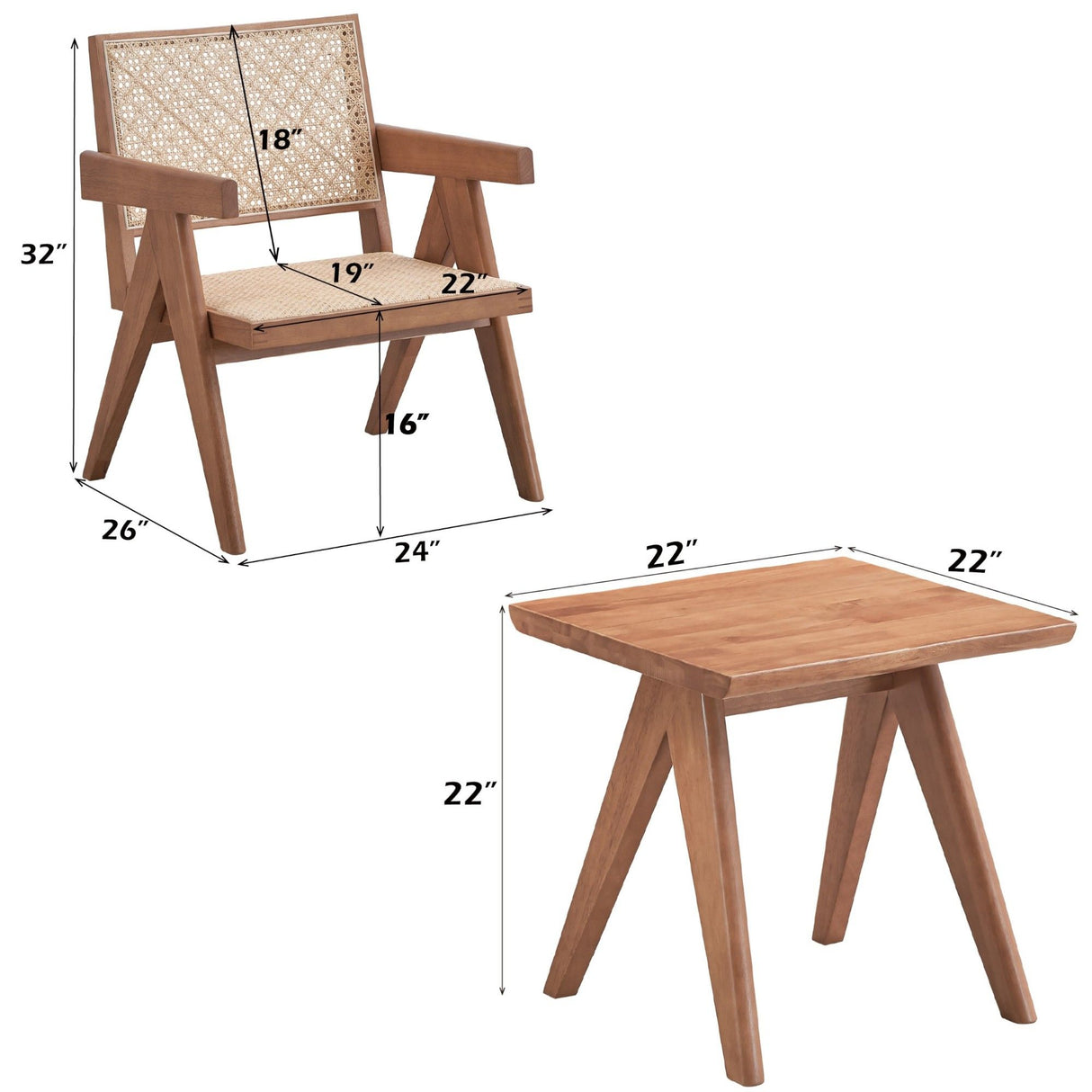 Armchair And Matching Square End Table, 2 Piece Living Room Set - Natural