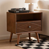 Nightstand With Carved Geometric Drawer Front, 1 Drawer And Open Shelf, Bedside Table For Bedroom - Walnut