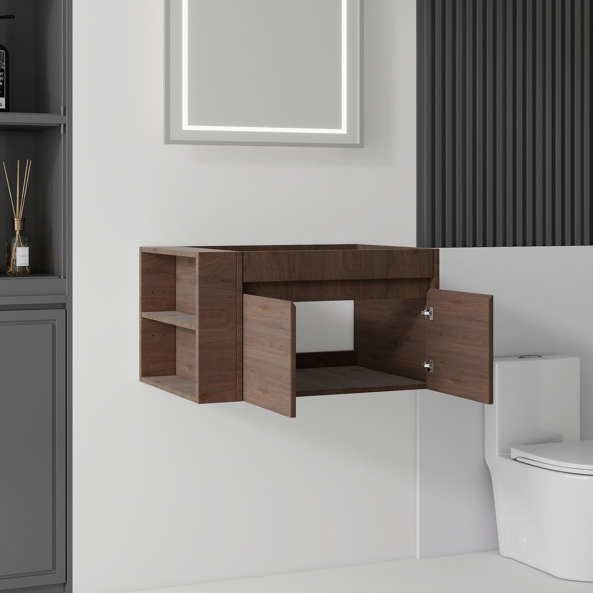 Floating Bathroom Vanity Cabinet, Soft Close Double Drawers, Open Side Storage, Wall Mounted, Cabinet Only